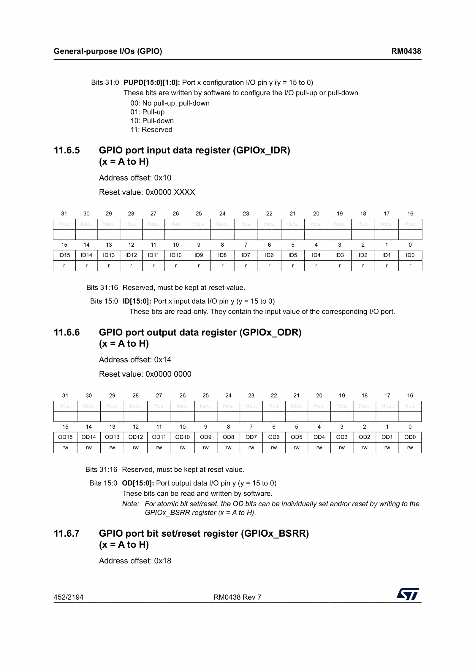 GPIO ODR register: one output-data bit per pin (reference manual, p. 452).