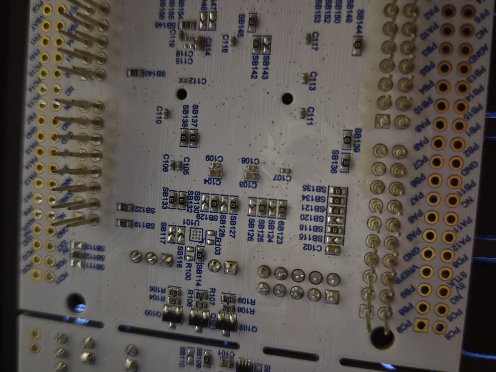 Solder bridges on the underside of the Nucleo-144 board.