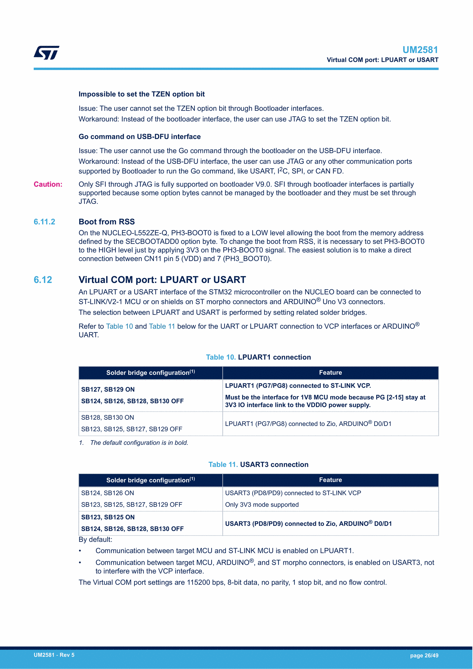 Nucleo-144 Virtual COM port config: LPUART1 on pins G7/G8 is the default (user manual, p. 26).