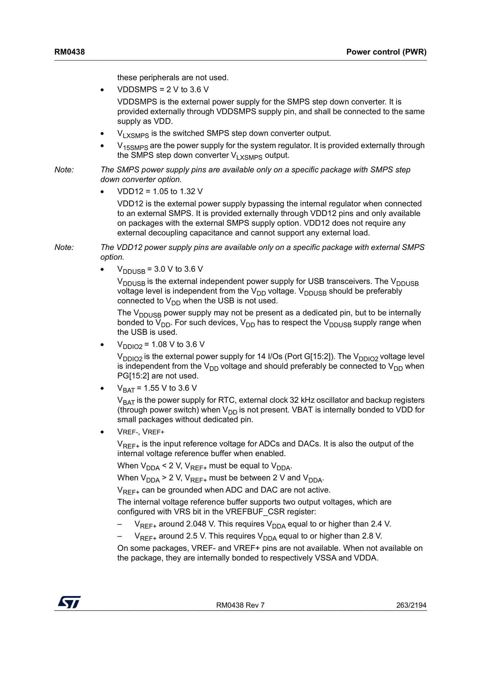 VDDIO2 power domain description: powers GPIO port G (reference manual, p. 263).