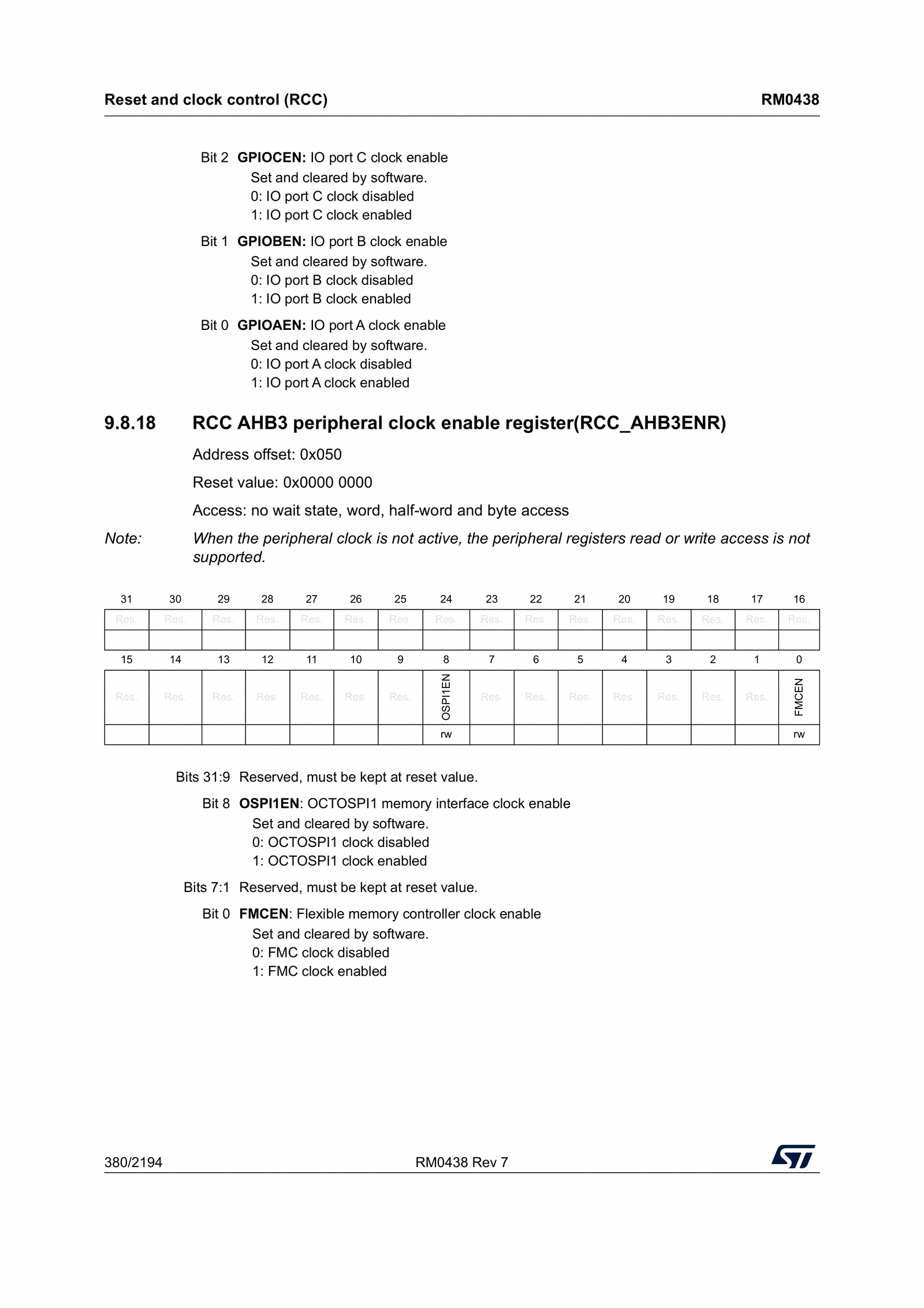 AHB2ENR bit description: GPIOAEN enables the GPIOA port clock (reference manual, p. 380).