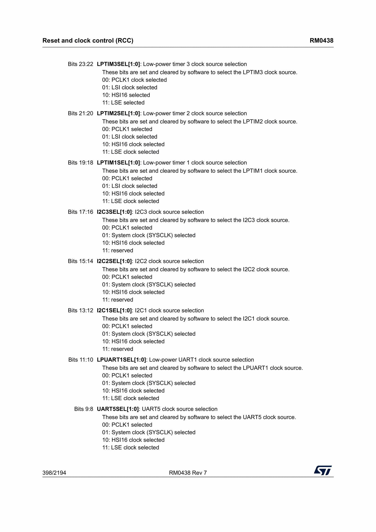RCC CCIPR1 register: LPUART1SEL clock-source select bits (reference manual, p. 398).