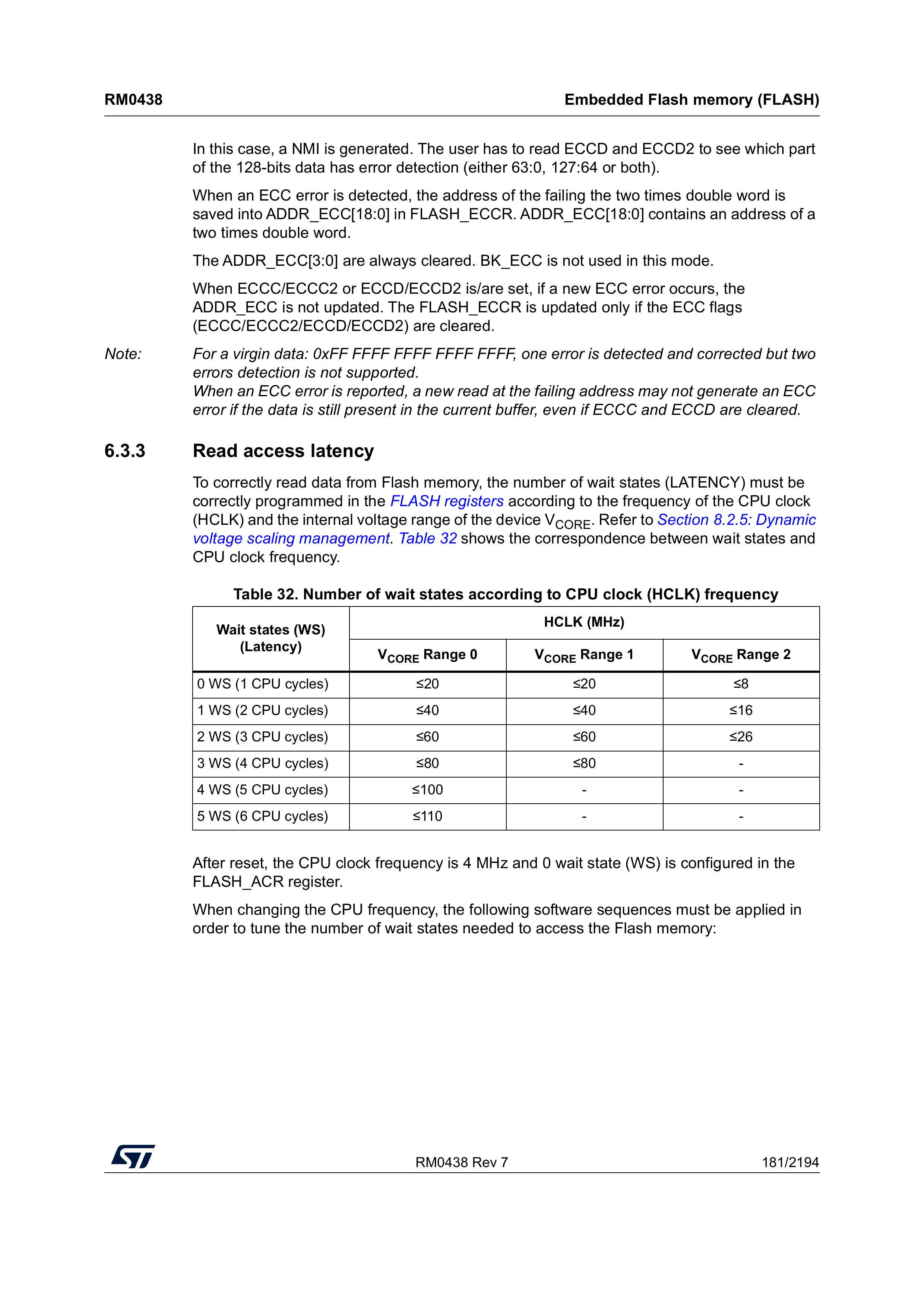 FLASH latency table: wait states required per system clock frequency (reference manual, p. 181).