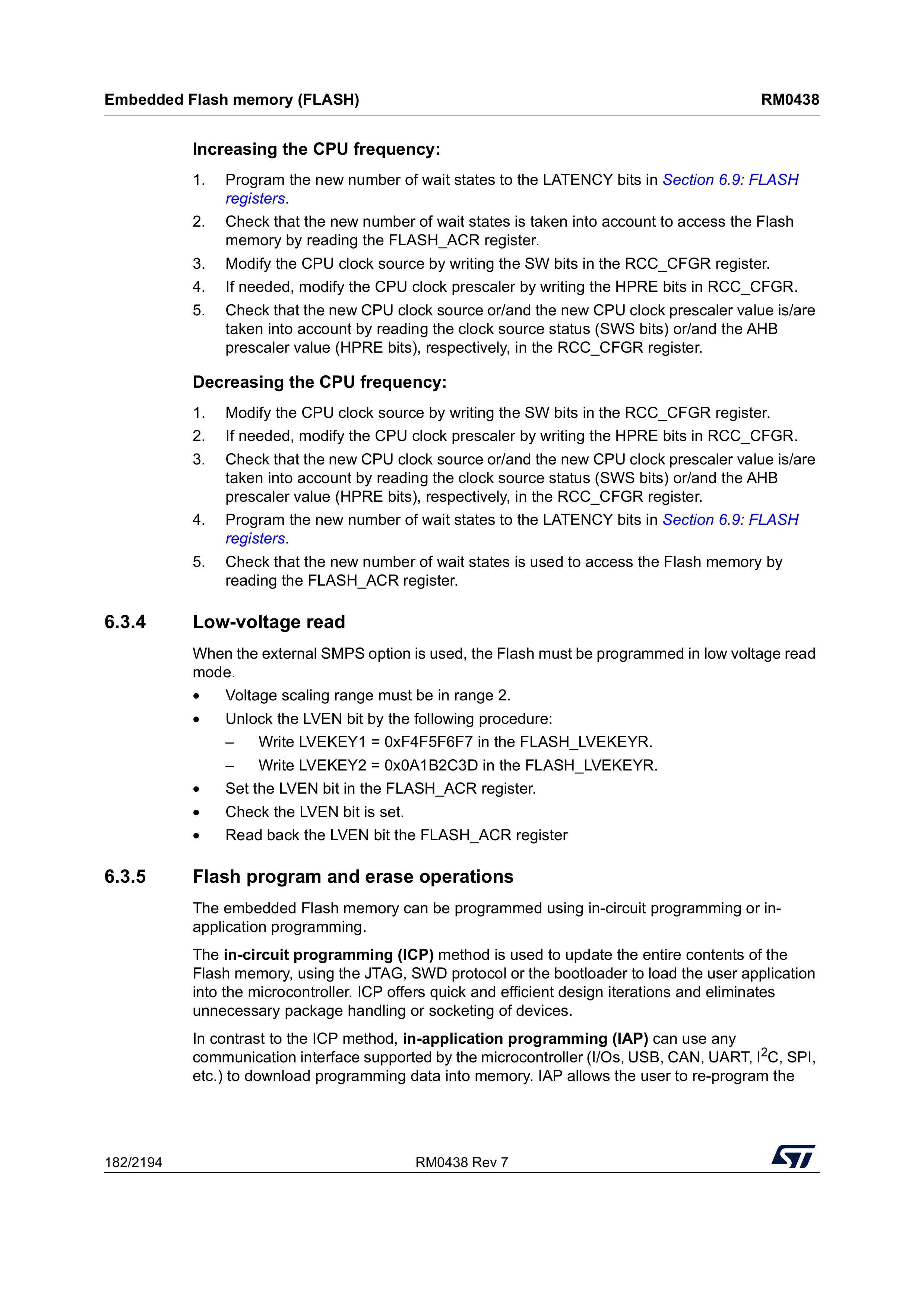 System clock switching: the required sequence, including flash wait states (reference manual, p. 182).