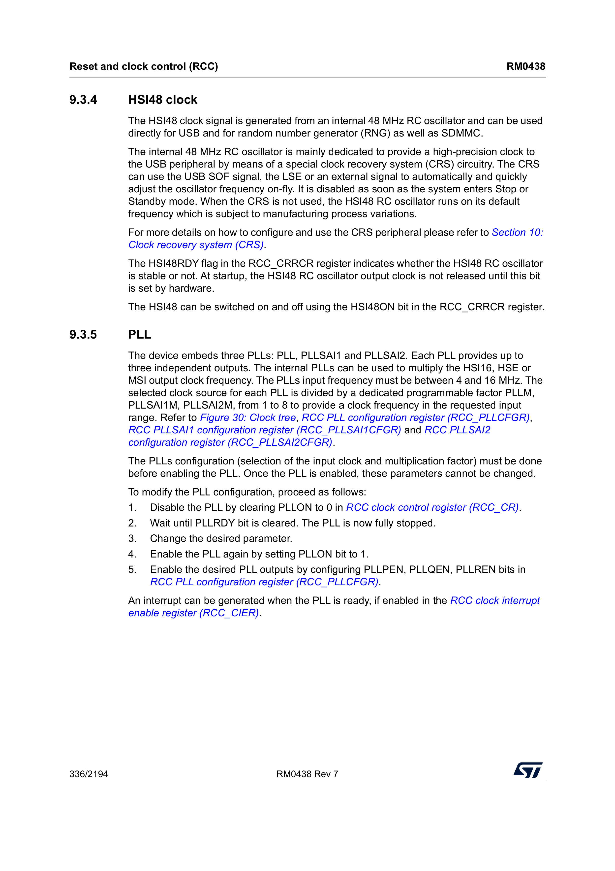 PLL configuration overview: the five-step sequence for enabling the PLL (reference manual, p. 336).