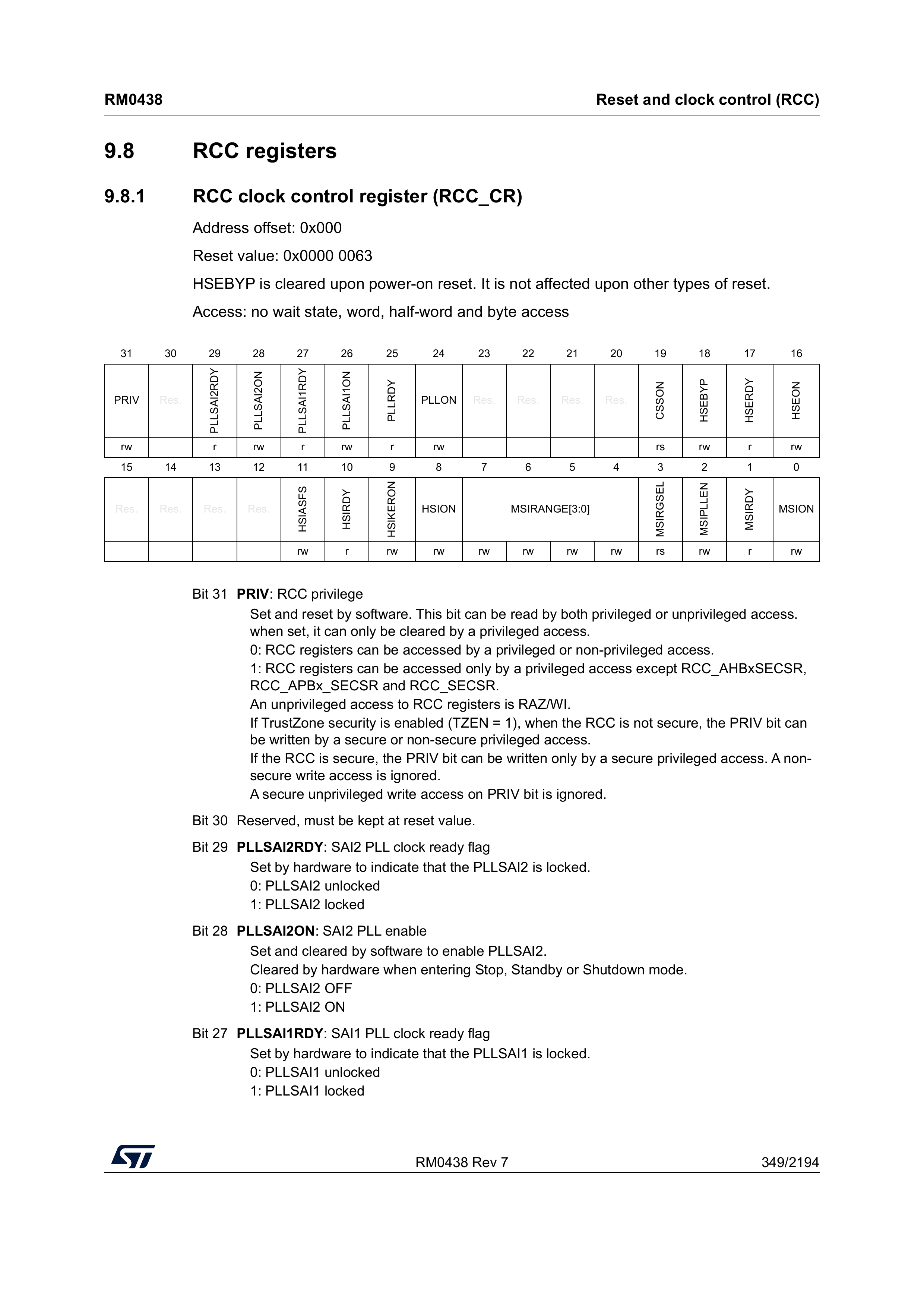 RCC CR register: overview, including the PLLON and PLLRDY bits (reference manual, p. 349).