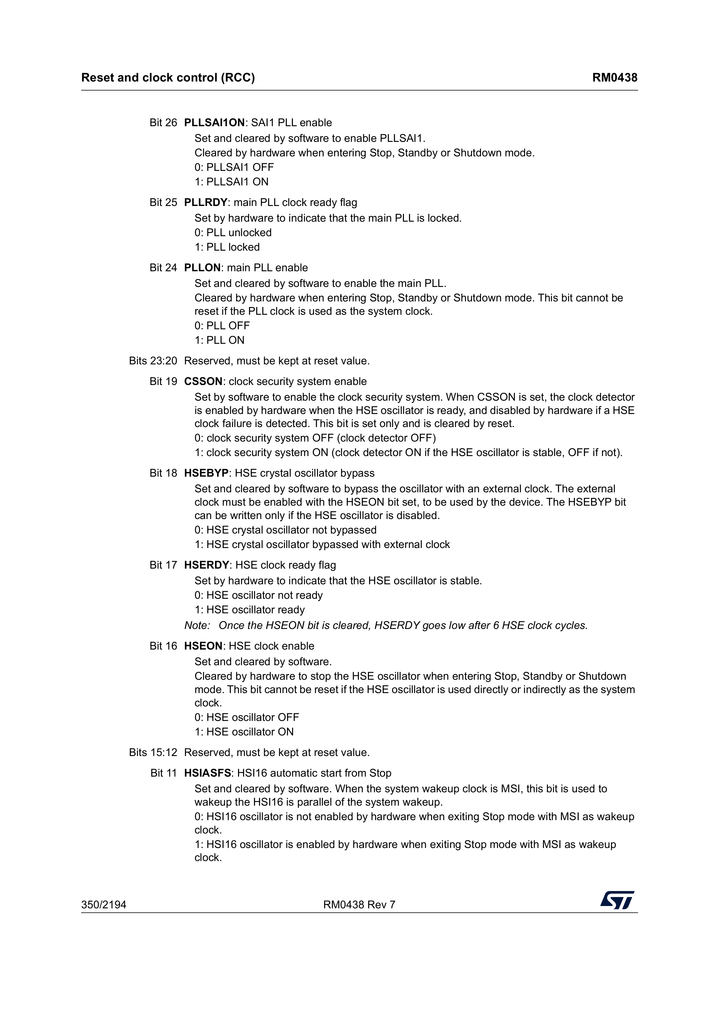 RCC CR register: PLLON is set by software, PLLRDY is set by hardware (reference manual, p. 350).