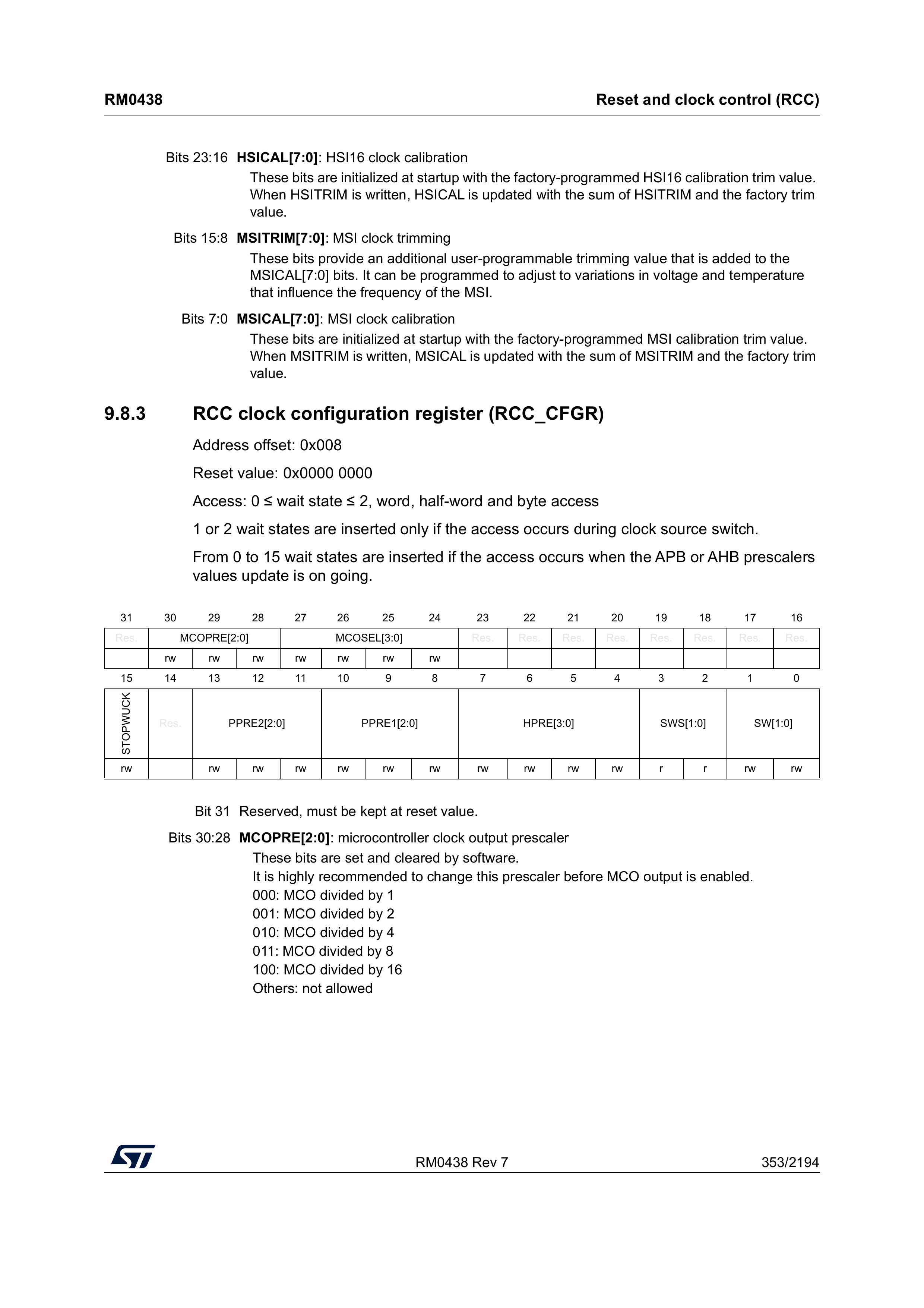 RCC CFGR register: overview, including the SW and SWS bit fields (reference manual, p. 353).