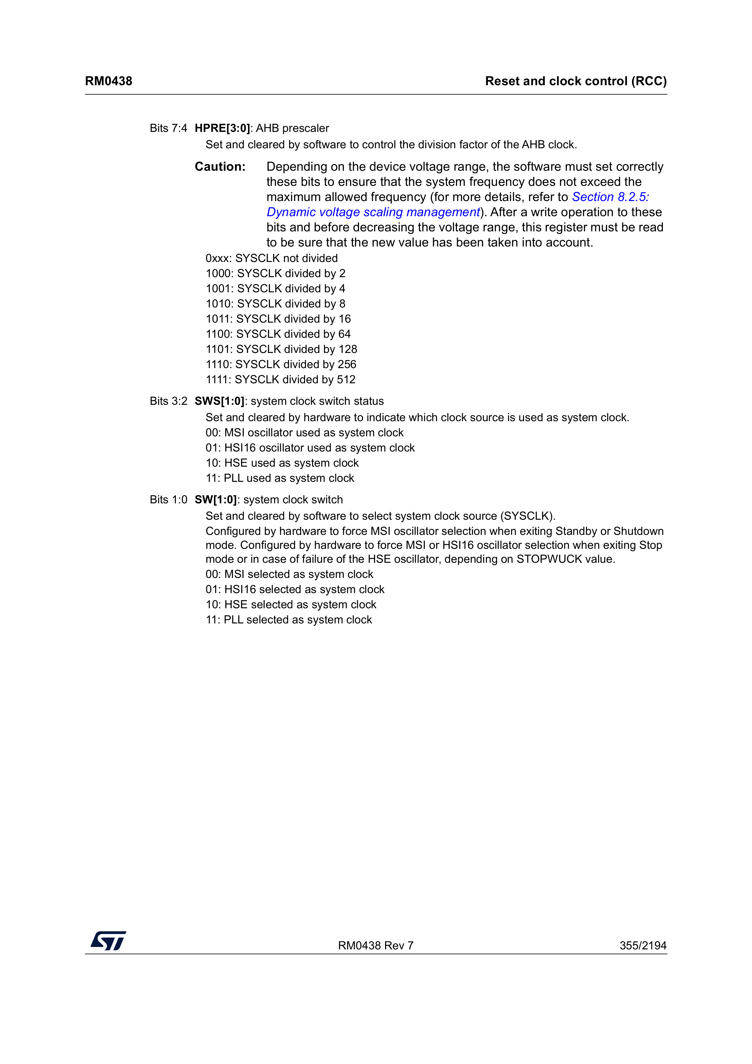 RCC CFGR register: SW bit encodings for selecting the system clock source (reference manual, p. 355).