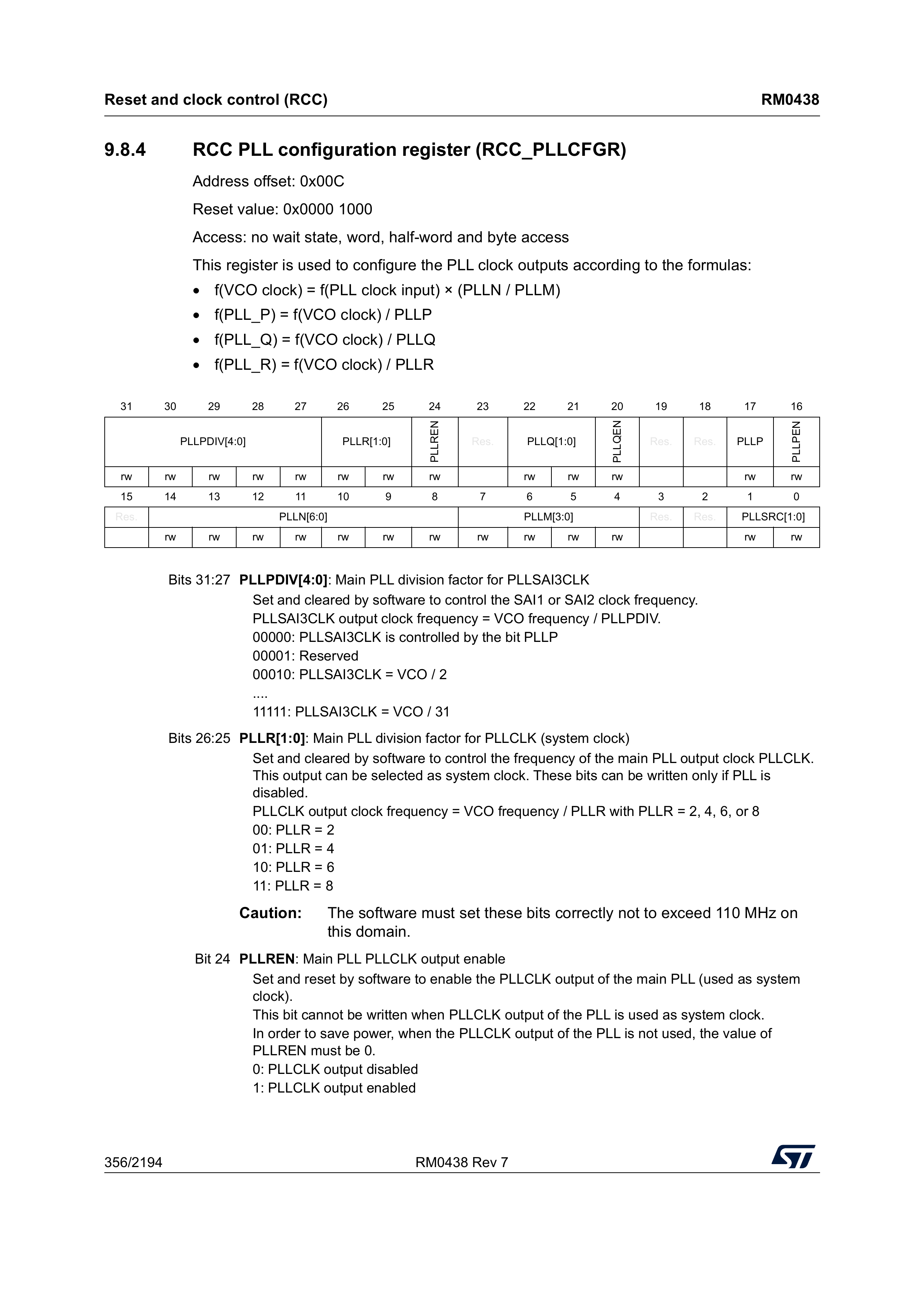 RCC PLLCFGR register: overview, including the VCO clock formula (reference manual, p. 356).