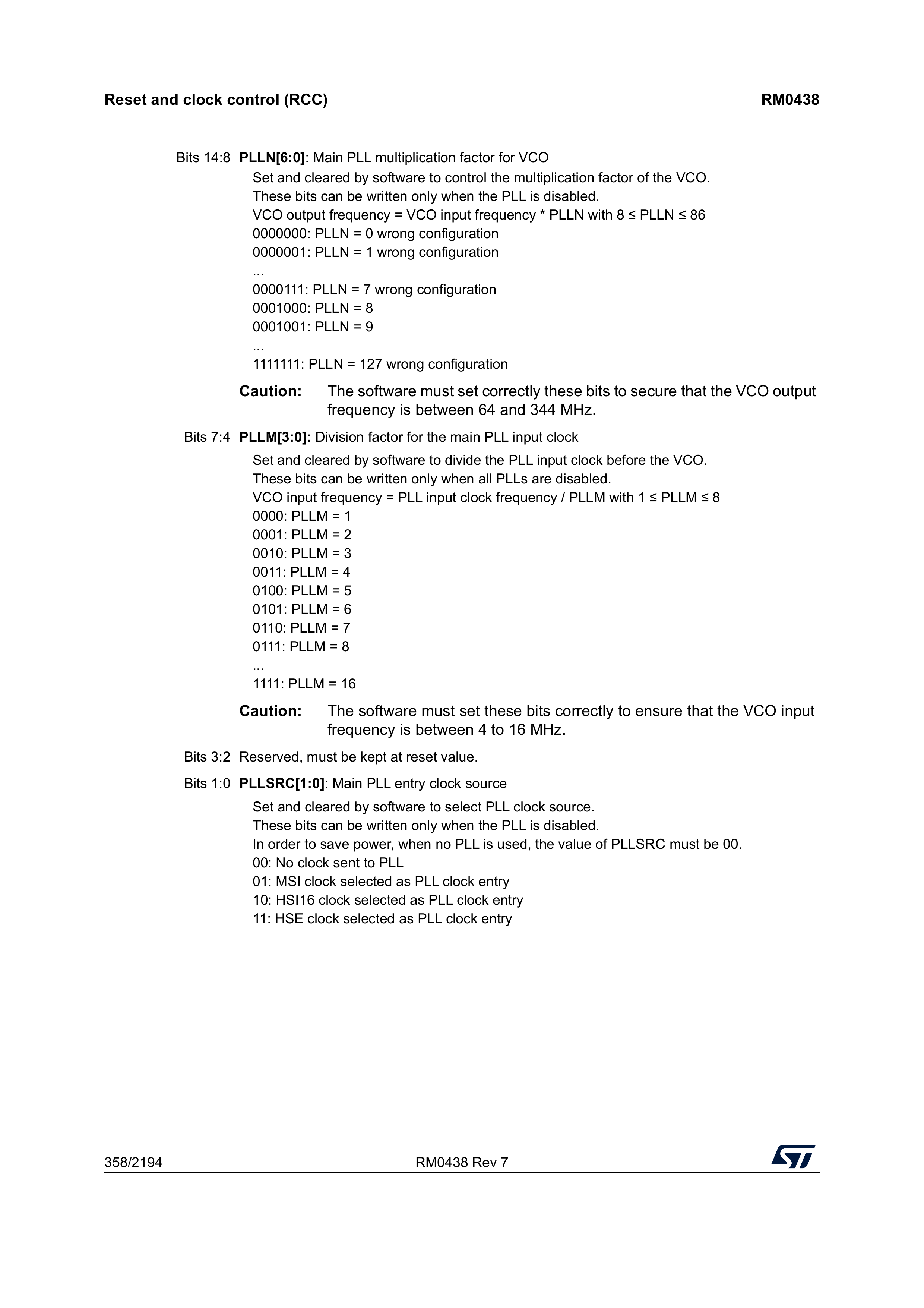 RCC PLLCFGR register: PLLN, PLLM, and PLLSRC field encodings (reference manual, p. 358).